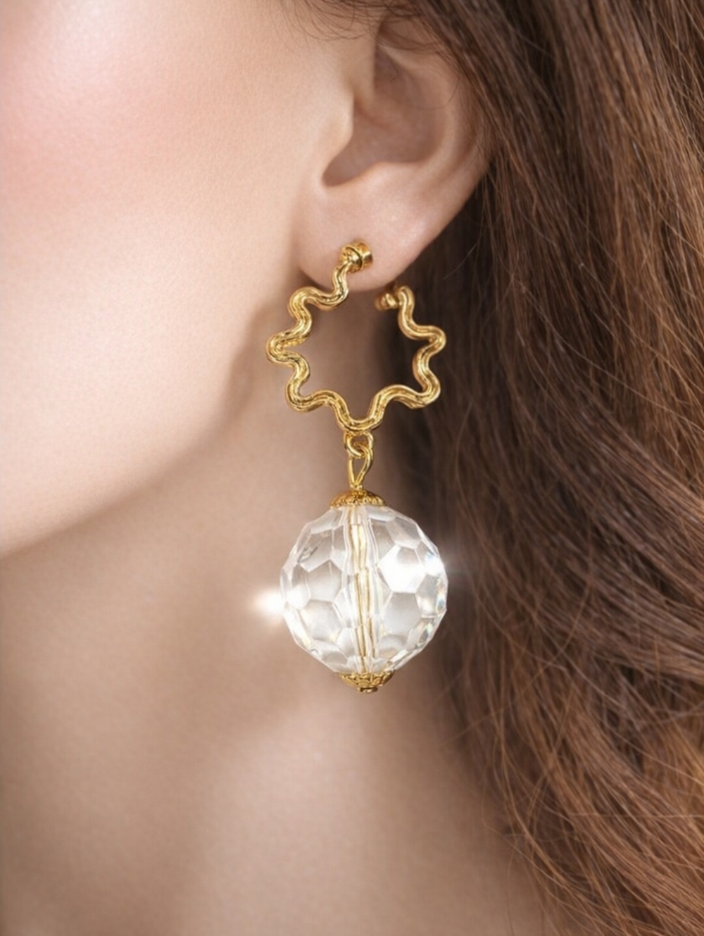 Gold-Tone Textured Hoop Earrings w/ Clear Crystal Drop – Bold Statement Jewelry
